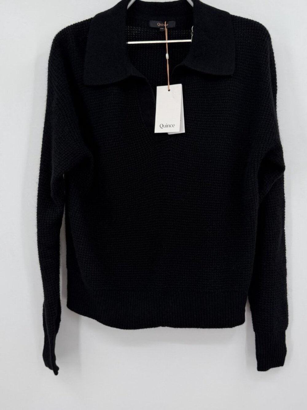Quince Black Baby-Alpaca Wool Waffle Stitch Polo Sweater size XS Collared V-Neck